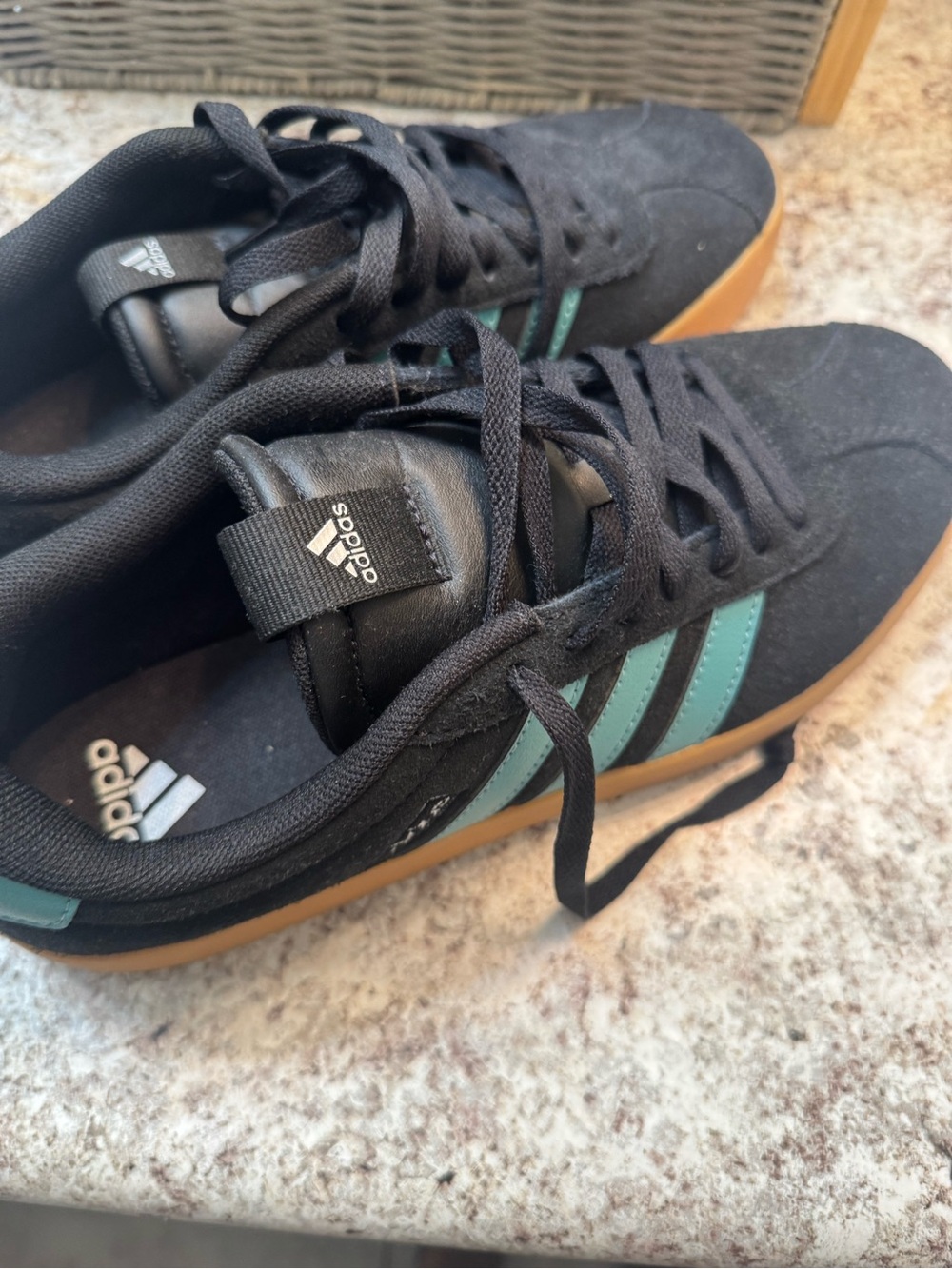 adidas Black Suede Sneakers with Teal Stripes and Gum Sole